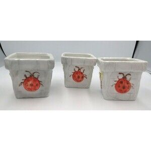 Long Rich Small Ceramic Planters Set of 3 Decorated w/ Garden Bugs